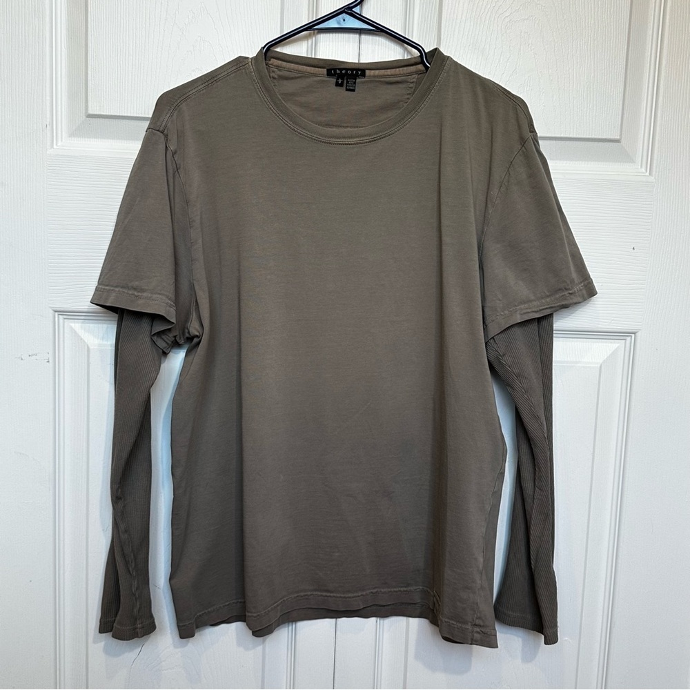 Theory Layered Long Sleeve T-Shirt Putty Grey Women's Size Large EUC